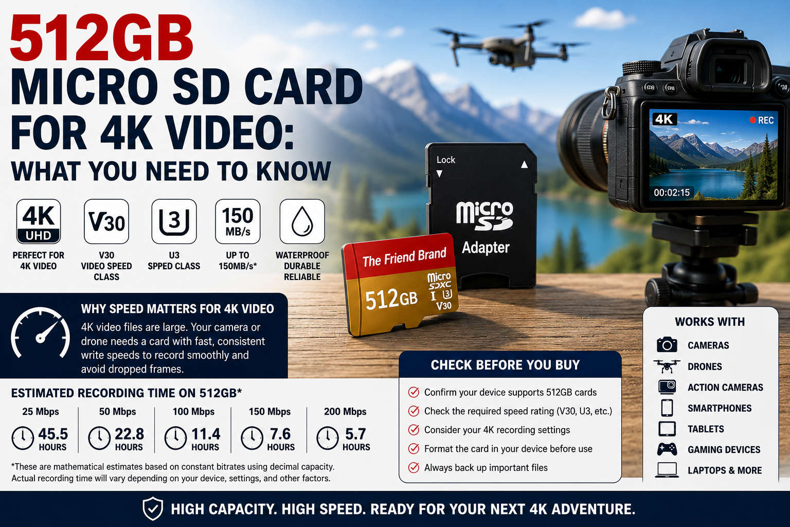 512GB micro SD card for 4K video with camera and drone
