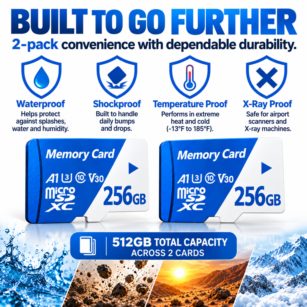 Two 256GB microSDXC cards with 512GB total capacity and waterproof, shockproof, temperature and X-ray protection features